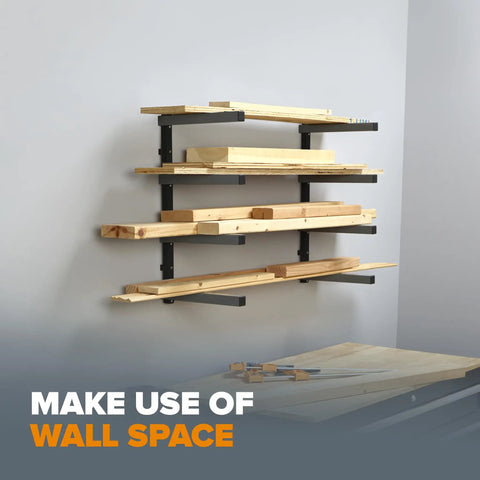 Must Have 4 Level Lumber Storage Rack For Garage Wall Mount Heavy Duty Metal Shelf With Lumber Storage In Black Gray Finish