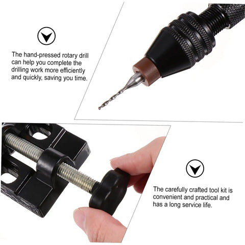 Close-up of hand drill jewelry punch tool kit for woodworking with pin vise PCB drill bits and pro grade precision drilling.