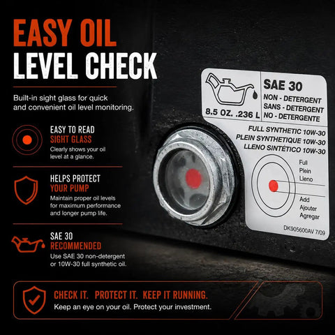 Easy oil level check with sight glass for Heavy Duty Two Cylinder Cast Iron Air Compressor Pump Built Tough To Knock Any Job Out.