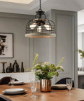 Industrial Farmhouse 17 Inch 3 Light Pendant Chandelier With Cage Shade Convertible Semi Flush Ceiling Light In Rustic Cedar Wood And Coarse Black Finish With Bold Vibe hanging over dining table.