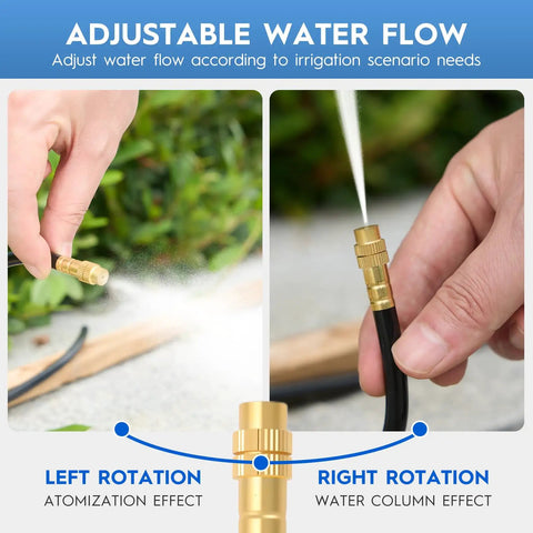 Automatic Drip Irrigation Kit with Copper Atomizing Nozzles showing adjustable water flow with left and right rotation
