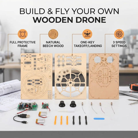 DIY Wooden Drone Kit With Dope Protective Frame For Safe Flying, 3 Speed RC Quadcopter parts displayed on table