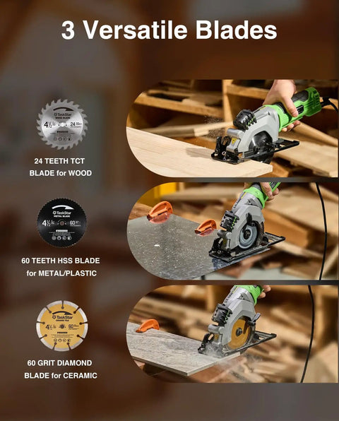 TaskStar 4-1/2 Inch Mini Circular Saw Laser Guide 4.8A Motor 4000 RPM with 3 blades for wood, metal, and ceramic cutting.