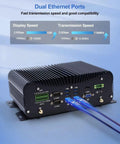 Bulletproof Mini Industrial PC Boasting Intel Core i7 10510U Engine Cranking Win 11 Pro showing dual Ethernet ports and connections.