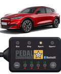 Ford Mustang Mach E 2021 Through 2026 Throttle Response Controller with wireless app sync and drive modes next to red Mach-E.