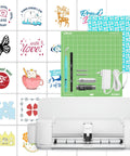 Cutting Machine 2 By HTVRONT 5 In 1 Vinyl Cutter with 13-inch mat, tools, and various crafted designs shown around it.