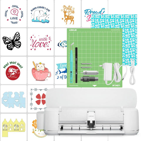 Cutting Machine 2 By HTVRONT 5 In 1 Vinyl Cutter with 13-inch mat, tools, and various crafted designs shown around it.