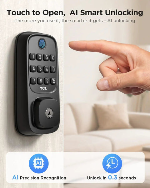 Fingerprint Door Lock With Keyless Entry Keypad For Front Door Built In WiFi Auto Lock And Voice Control Easy Installation Eight Month Battery Life No Brainer Remote Access Via App installed on wall