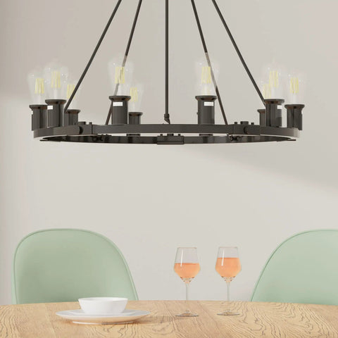 Dope Large Wagon Wheel Chandelier With Ten Lights in black rustic farmhouse style hanging over dining table