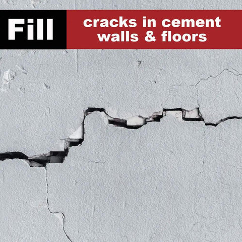 Concrete wall with visible crack and text 'Fill cracks in cement walls & floors'