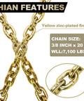 G80 Tow Chain 3 Eighth Inch By 20 Feet With G70 Hooks Heavy Duty Binder Chain For Logging Tie Down And Transport On Flatbed Trucks 7100 Lbs Safe Working Load Zinc Plated shown with features text and zoom-in detail