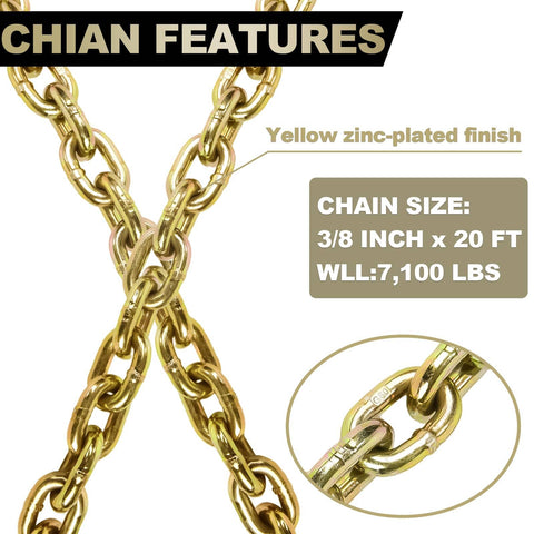 G80 Tow Chain 3 Eighth Inch By 20 Feet With G70 Hooks Heavy Duty Binder Chain For Logging Tie Down And Transport On Flatbed Trucks 7100 Lbs Safe Working Load Zinc Plated shown with features text and zoom-in detail