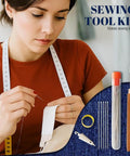 Person sewing fabric with 37 Piece Big Eye Stainless Steel Sewing Needles Kit For Handy Hand Sewing And Leather Repairs