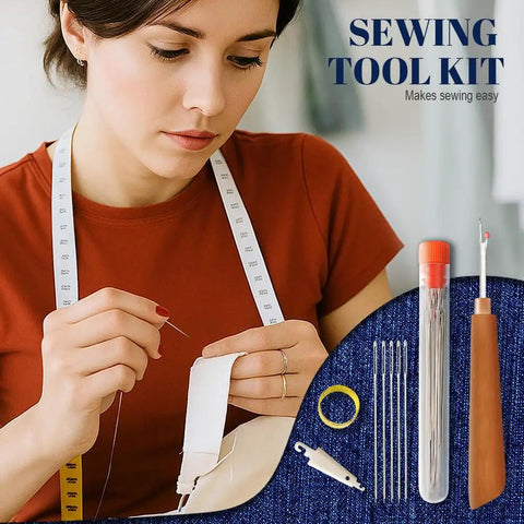 Person sewing fabric with 37 Piece Big Eye Stainless Steel Sewing Needles Kit For Handy Hand Sewing And Leather Repairs