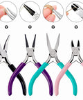4 Piece Jewelry Pliers Set For Beading And Jewelry Making Including Needle Nose Pliers, Round Nose Pliers, Bent Nose Pliers And Wire Cutter Handy Tools Kit For Bracelet Craft, Wire Wrapping, And DIY Jewelry shown in various colors.