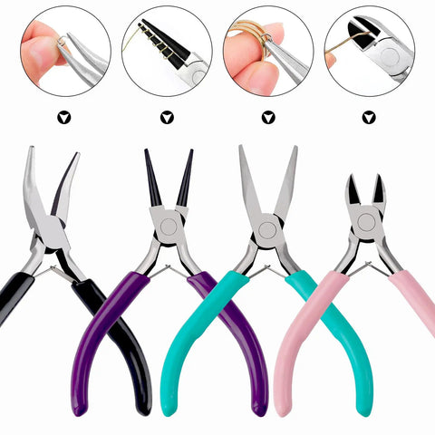 4 Piece Jewelry Pliers Set For Beading And Jewelry Making Including Needle Nose Pliers, Round Nose Pliers, Bent Nose Pliers And Wire Cutter Handy Tools Kit For Bracelet Craft, Wire Wrapping, And DIY Jewelry shown in various colors.