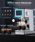 Side view of 20 Bar Espresso Machine With Milk Frother For Home Coffee Bar Enthusiasts, Stainless Steel Build With One Touch Screen, Cold Brew Capabilities, 45 Second Heat Up, Cappuccino And Latte Made Easy, 57.5 Oz Removable Water Tank, Silver making two espresso shots with digital display.