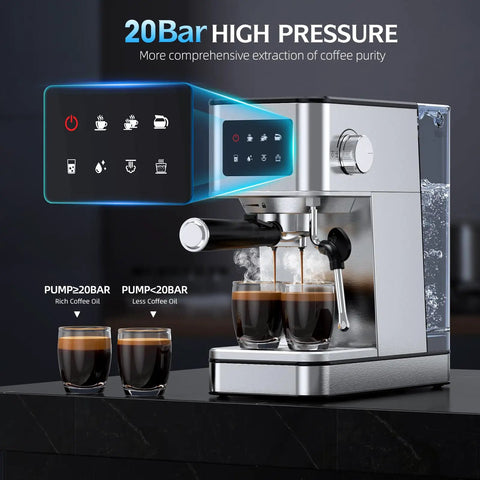 Side view of 20 Bar Espresso Machine With Milk Frother For Home Coffee Bar Enthusiasts, Stainless Steel Build With One Touch Screen, Cold Brew Capabilities, 45 Second Heat Up, Cappuccino And Latte Made Easy, 57.5 Oz Removable Water Tank, Silver making two espresso shots with digital display.
