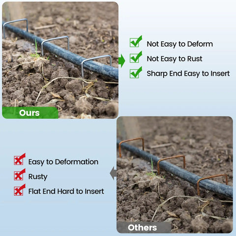 Comparison of heavy duty garden stakes 50 pack 6 inch 11 gauge landscape staples versus others in soil application.