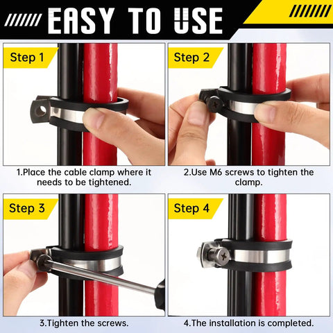Four-step installation of 25 Pcs Rubber Cable Clamps Five Eighth Inch Stainless Steel Insulated Wire Clamps for easy cable management.