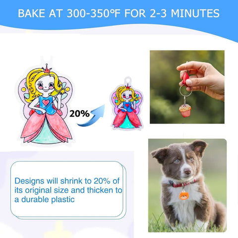 Big Size A4 Heat Shrink Paper Keychain Kit For Christmas Crafts showing shrinking process and result on keychain and dog tag