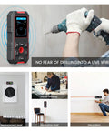 Top Tier Wall Stud Finder And Straight Up Reliable Metal Scanner Featuring Laser Rangefinder And Integrated Digital Level For No Sweat Live Wire Detection Plus Copper Pipe Scan in use while drilling