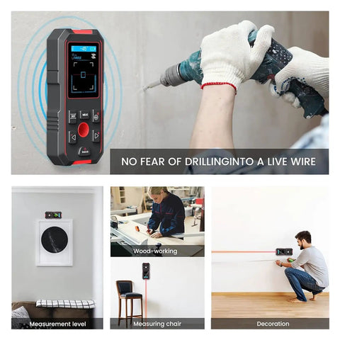 Top Tier Wall Stud Finder And Straight Up Reliable Metal Scanner Featuring Laser Rangefinder And Integrated Digital Level For No Sweat Live Wire Detection Plus Copper Pipe Scan in use while drilling