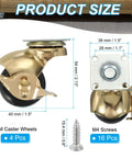 Diagram showing dimensions of 1.5 Inch Ball Caster Wheels With Brake, top and side view, gold color, includes M4 screws, 4 Pack.