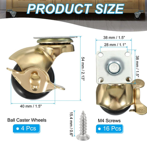 Diagram showing dimensions of 1.5 Inch Ball Caster Wheels With Brake, top and side view, gold color, includes M4 screws, 4 Pack.