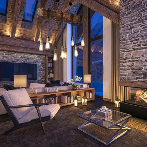 Rustic Industrial 8-Light Pendant Chandelier For Dining Room And Kitchen Island hanging in a cozy living room with high ceilings.
