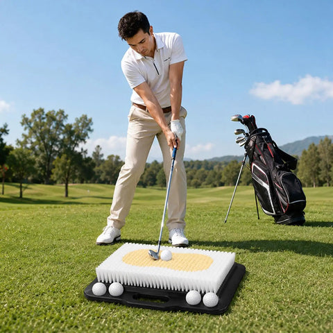 Man using Chipping And Sand Trap Golf Practice Mat For Backyard And Indoor Use With Realistic Sand Simulation on grass