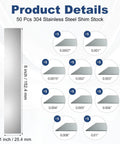 Product details of 50 Pcs Shim Stock Assortment in 304 stainless steel shims, size 1 inch by 6 inches, showing various thicknesses.
