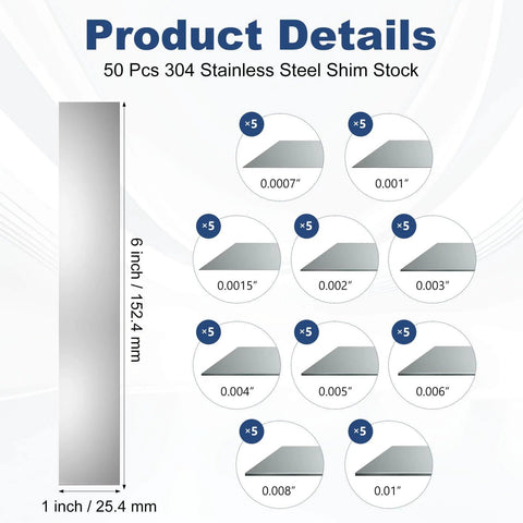 Product details of 50 Pcs Shim Stock Assortment in 304 stainless steel shims, size 1 inch by 6 inches, showing various thicknesses.