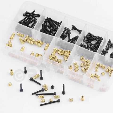 Heavy Duty Assorted Black Zinc Plated Hex Socket Screws And Brass Knurled Insert Kit With Matched Allen Keys Washers Nuts visible in labeled storage case.
