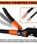 Heavy Duty Hydraulic Crimping Tool Kit With Cable Cutter And Nine Die Sets For Twelve AWG To Two Zero AWG Wires Includes Forty Copper Wire Lugs Pro Electrician Crimper For Terminal Crimping DIY And Professional Grade, showing crimper, copper lug, and cable.