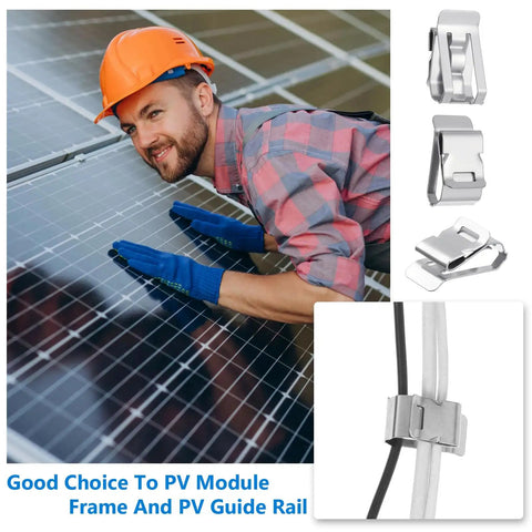 100 Pack Stainless Steel S Cable Clips For Solar Panels Rv Trailers And Boats Heavy Duty Double Wire Organizers Rock Solid Grip Keep Your Rig Tight Silver Metallic Finish shown with installer using clips on solar panel.