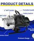Product details of Shallow Well Pump With Stainless Steel Build, 1.6 HP Water Transfer Pump, showing NPT ports and handle.