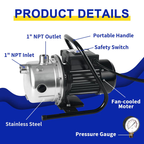 Product details of Shallow Well Pump With Stainless Steel Build, 1.6 HP Water Transfer Pump, showing NPT ports and handle.