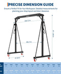 Adjustable Gantry Crane 1 Ton 2200 Lbs Portable Garage Hoist dimensions, height adjustment from 97 to 140 inches, steel frame details.