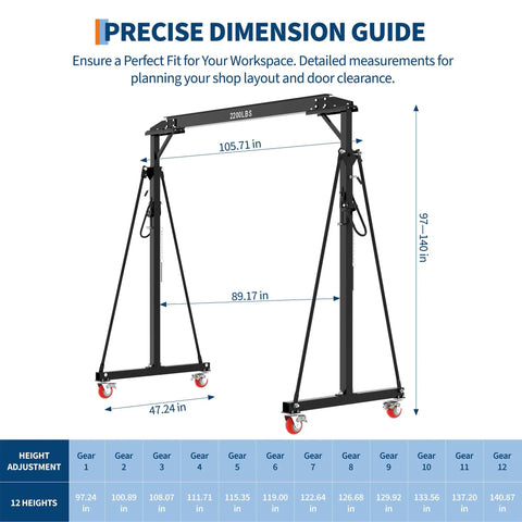 Adjustable Gantry Crane 1 Ton 2200 Lbs Portable Garage Hoist dimensions, height adjustment from 97 to 140 inches, steel frame details.