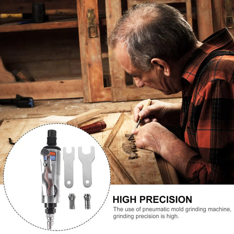Compact Pneumatic Air Pencil Die Grinder With Heavy Duty Steel Build For Precision Engraving And Polishing Tasks, detailed carving on wood.