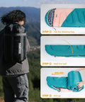 Roomy 32F Sleeping Bag For Adults Kids And Teens All Season Camping Gear For Winter Cold Weather Lightweight Yet Warm 86 Inch Long With Three Zippers Perfect For Travel And Outdoors For Campouts bag packed and folding steps shown