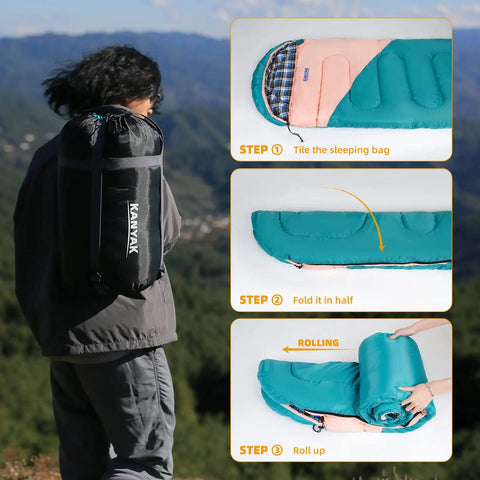 Roomy 32F Sleeping Bag For Adults Kids And Teens All Season Camping Gear For Winter Cold Weather Lightweight Yet Warm 86 Inch Long With Three Zippers Perfect For Travel And Outdoors For Campouts bag packed and folding steps shown