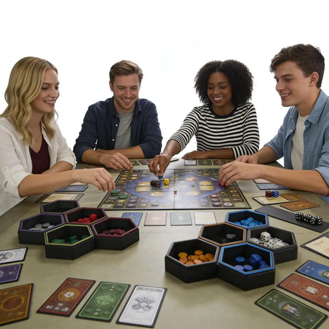 Group playing board game with Hexagonal Magnetic Board Game Tray Organizer Set With Flexible Layouts 7 Pack in a sleek black finish