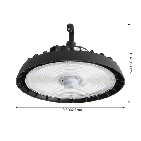 Heavy Duty 200W Led High Bay Shop Light With Motion Sensor, Kickin 26000 Lumens Dimmable Fixture, Slick Ufo Design, Dang Bright 5000K White Glow, Straight Up Black Finish For Warehouses, round black UFO light