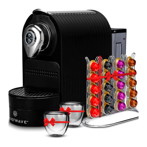 Compact Black Espresso Machine Bundle Pushing 20 Bar Pressure For Rich Creamy Crema In Just 30 Seconds Includes Dual Sided Capsule Holder And Two Glass Cups And Handheld Milk Frother For Straight Fire Morning Brews, featuring two cups and capsule holder.