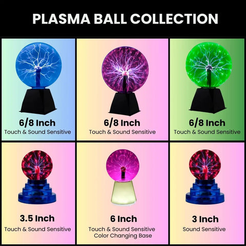 Plasma Ball Collection showcasing various sizes including 8 Inch Heart Shaped Touch And Sound Sensitive Plasma Lamp Globe for decor.