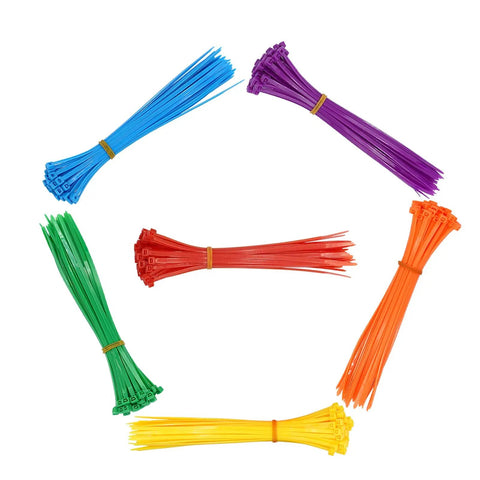 Nylon Zip Ties Multipack 300 Pcs 8 Inch 40Lb Tensile Assorted Colors arranged in circle for DIY projects
