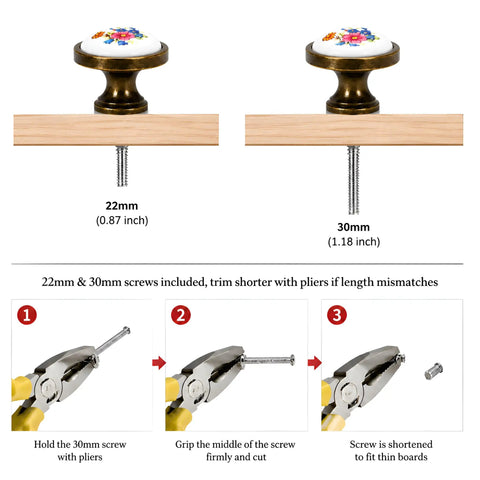 Vintage Floral Ceramic Cabinet Knobs And Drawer Pulls Featuring Dual Mounting Screws for 22mm and 30mm installations with pliers instructions.