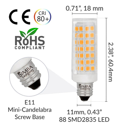 LED E11 Mini Candelabra Light Bulb 5W High Output 500 Lumens 3000K Soft White Dimmable Halogen Replacement with dimensions shown